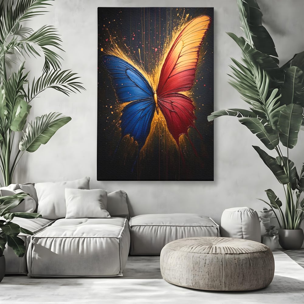 Tablou canvas cu tablou canvas cu fluture colorat, fara rama, pe sasiu de lemn, pe perete intr-un living